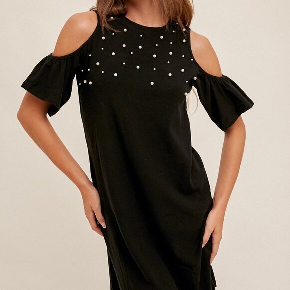 HEM & THREAD Black Cold Shoulder Pearl Embellished Dress Chic Party Date Night - Picture 1 of 5